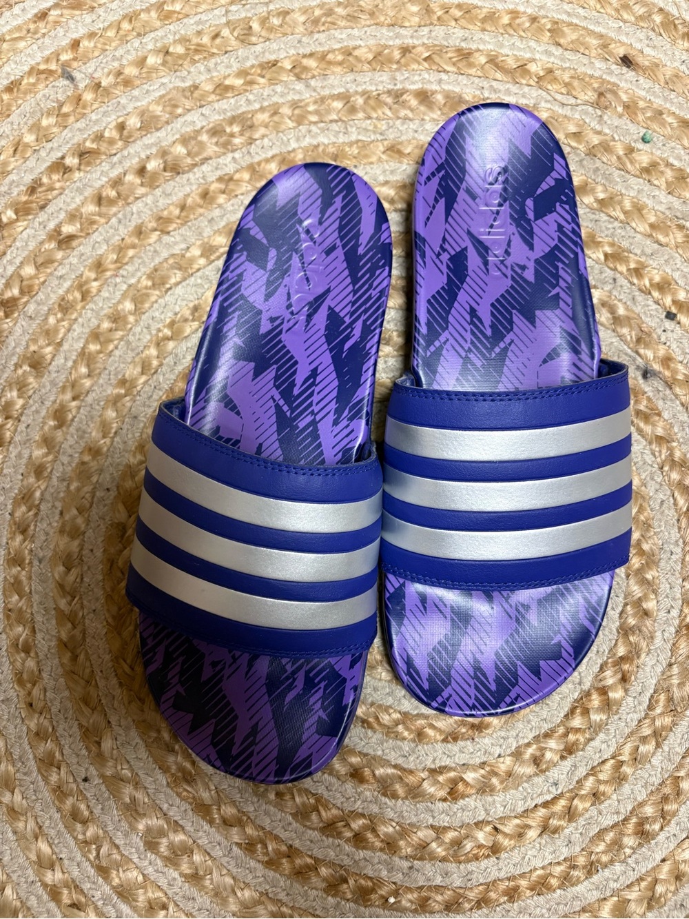 adidas Purple and Blue Slide Sandals with Silver Stripes